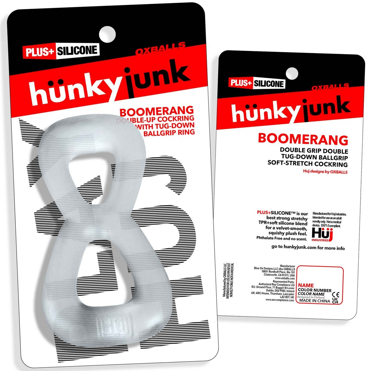 Hunkyjunk Boomerang double cock ring and nut tugger, Clear Steam