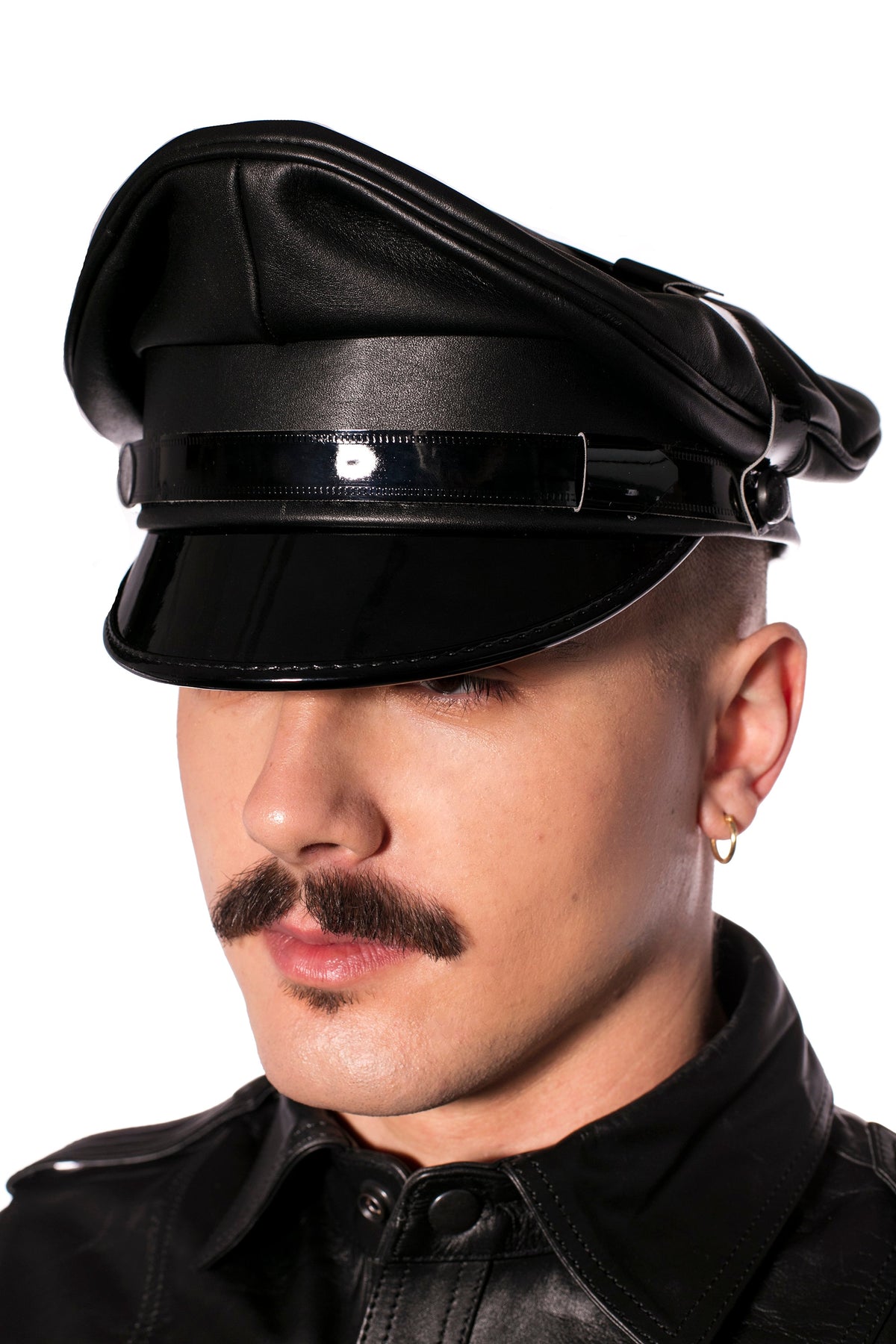 Prowler RED black leather Military Muir cap with all-black piping and adjustable inner peak