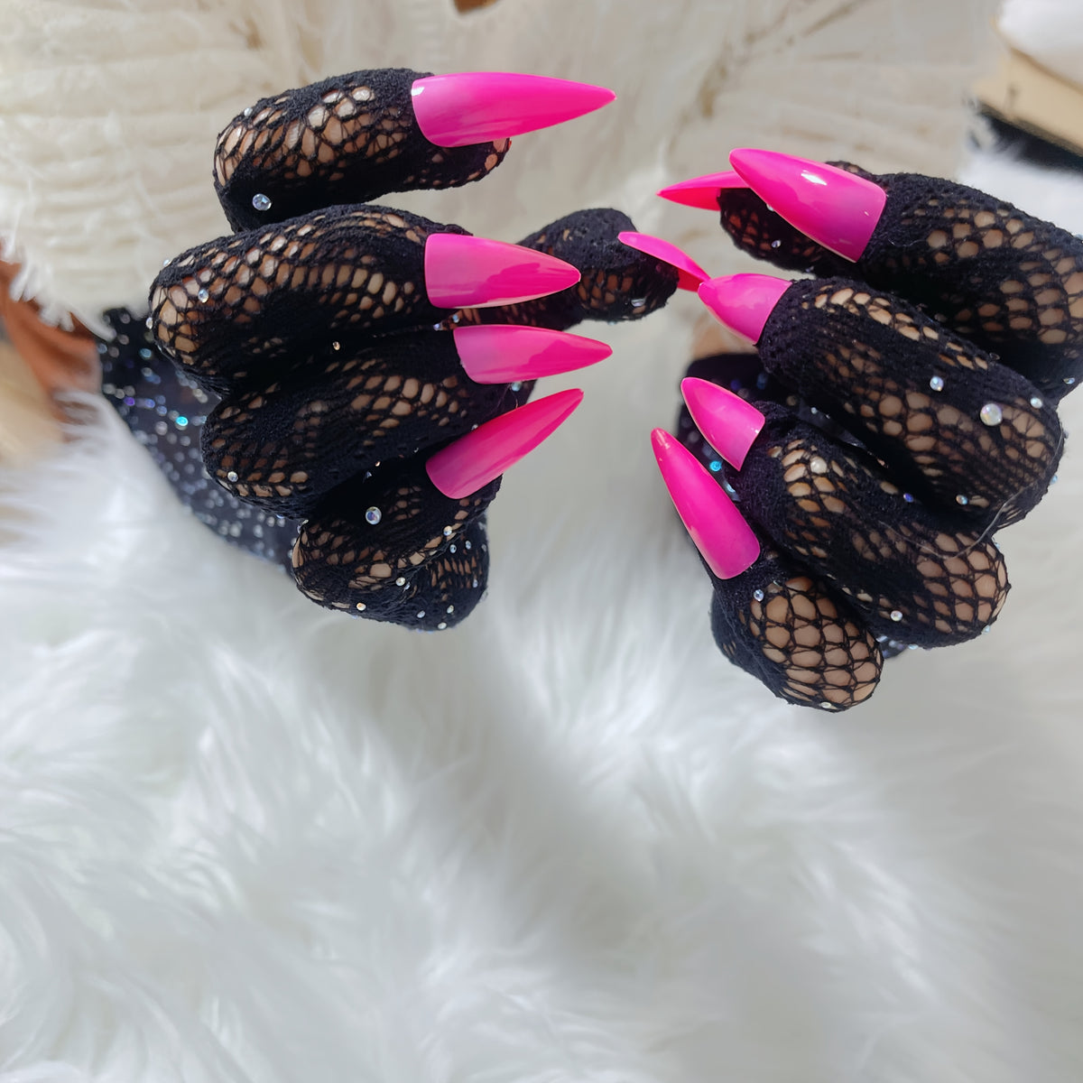 Black lace mesh gloves with pink nails - view 4