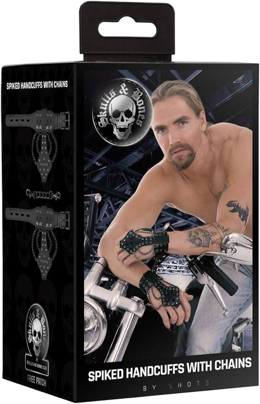 Ouch! Skulls & Bones "Handcuffs" w/ Spikes & Chains -Black