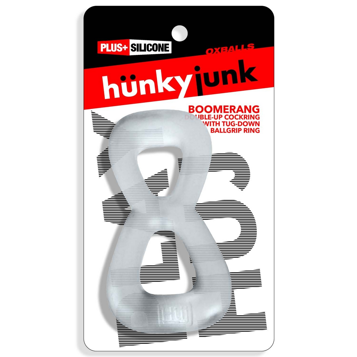 Hunkyjunk Boomerang double cock ring and nut tugger, Clear Steam