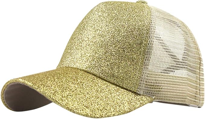 Gold glittery baseball cap with mesh back on a white background