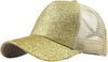 Gold glittery baseball cap with mesh back on a white background