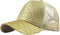 Gold glittery baseball cap with mesh back on a white background