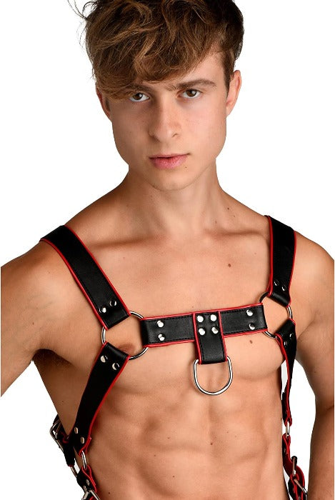 MS "Heathen's" Male Body Harness Small/ Medium, Black & Red