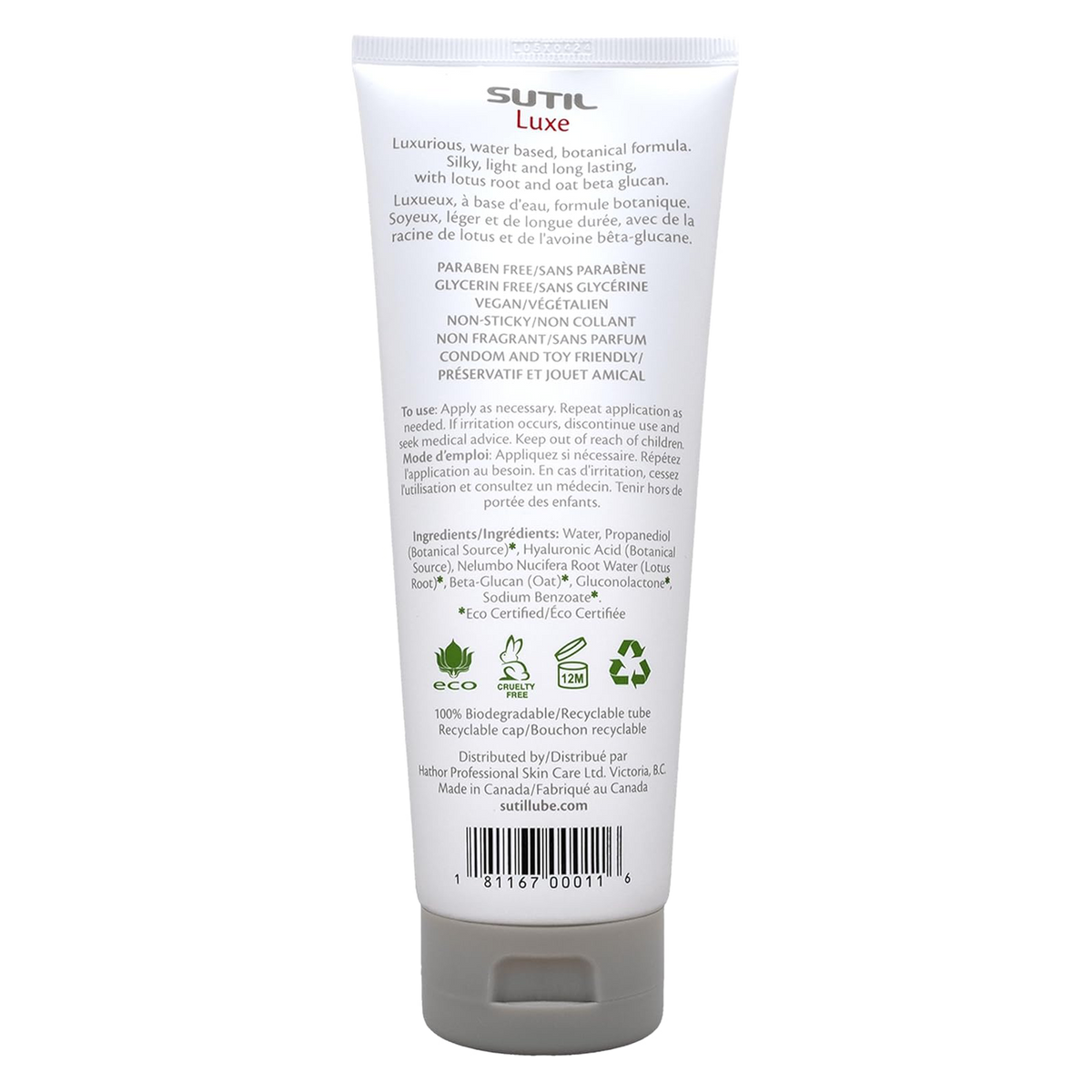 SUTIL Luxe product tube with text and icons on a white background