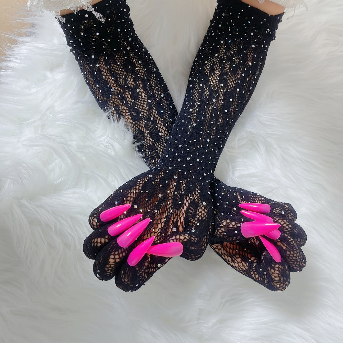 Black lace mesh gloves with pink nails - view 3