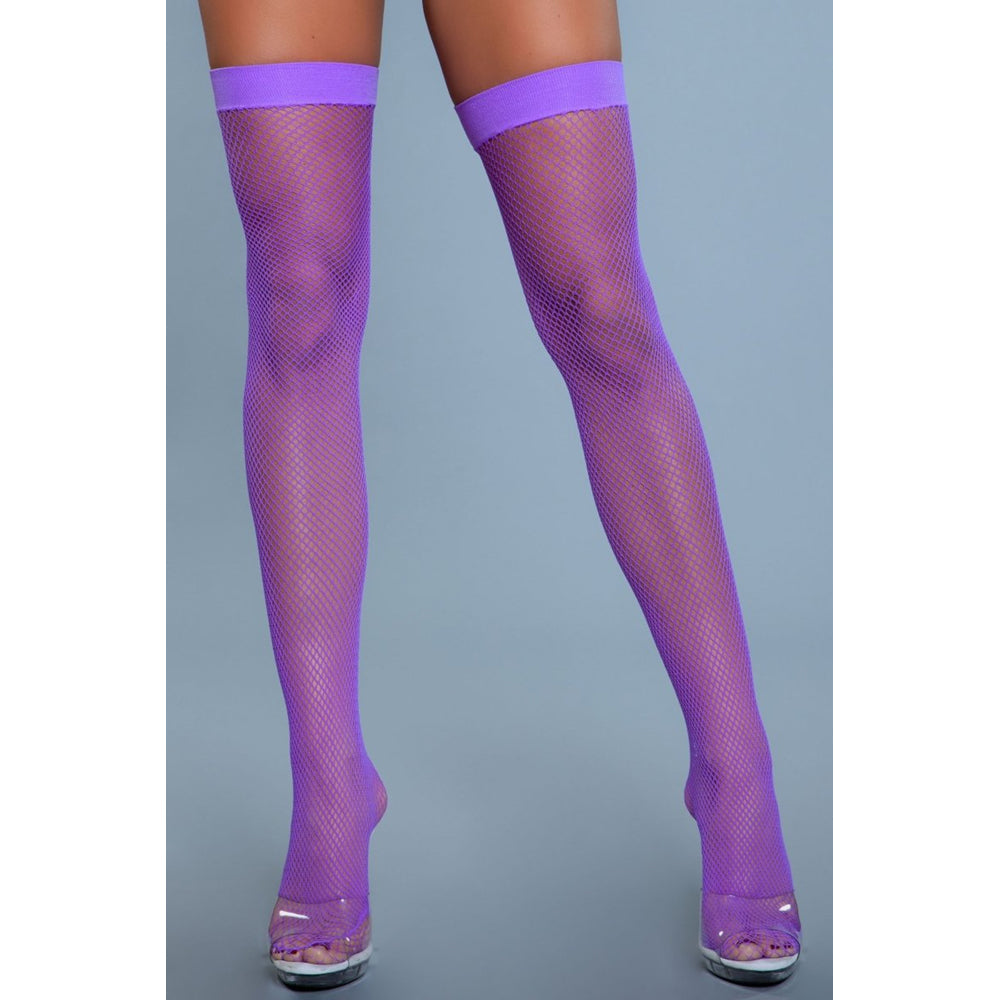 Be Wicked Nylon Fishnet Thigh Highs - Purple - view 2