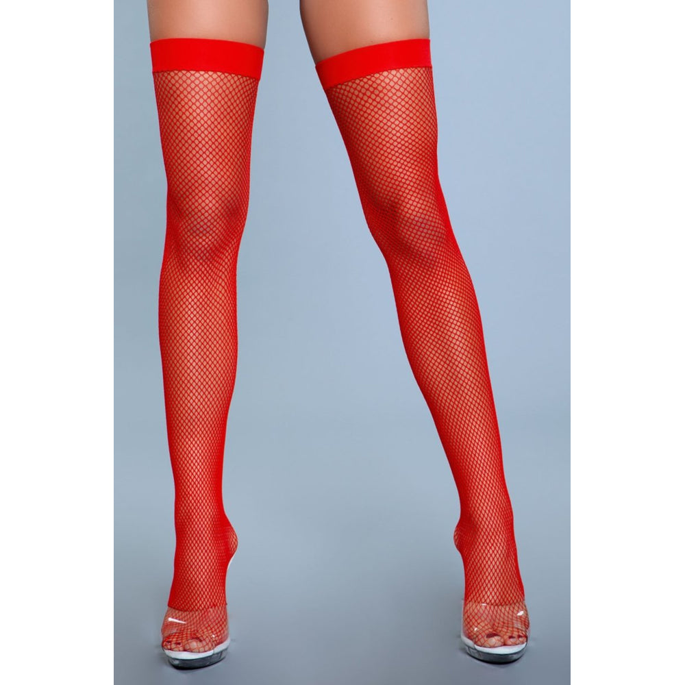 Be Wicked Nylon Fishnet Thigh Highs - Red - view 2