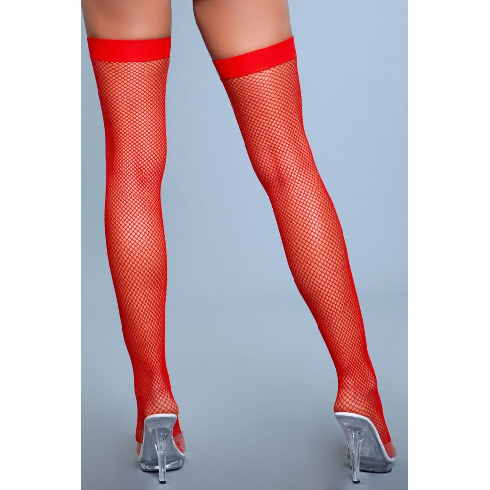 Be Wicked Nylon Fishnet Thigh Highs - Red - view 3
