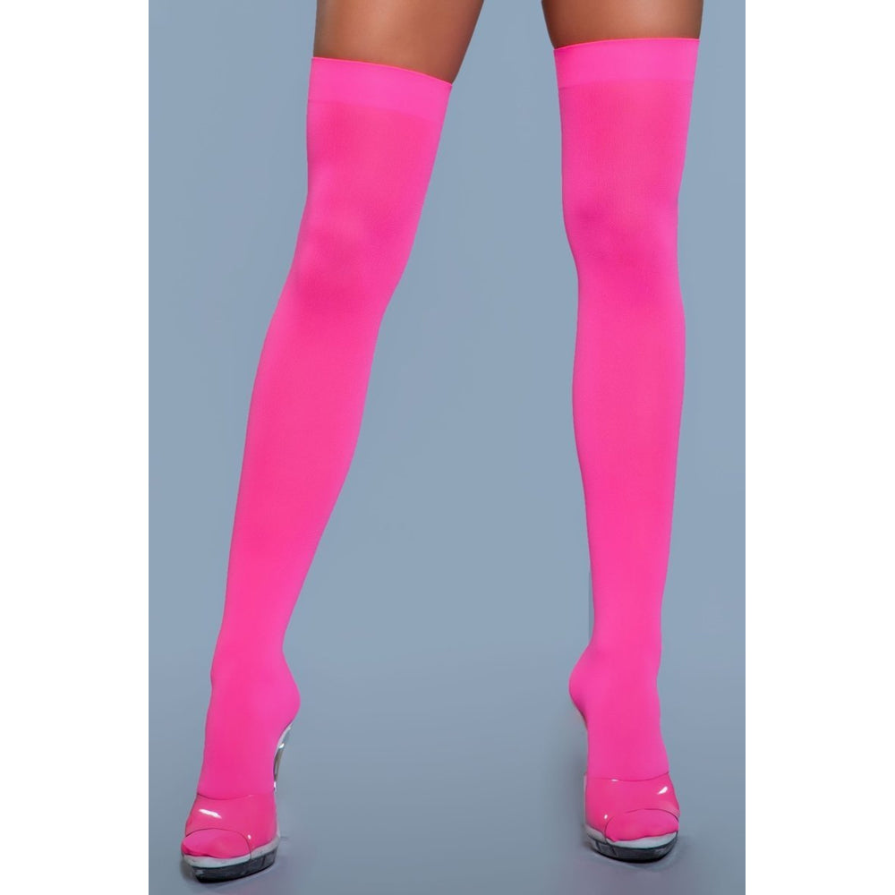 Be Wicked Opaque Nylon Thigh Highs - Neon Pink - view 2