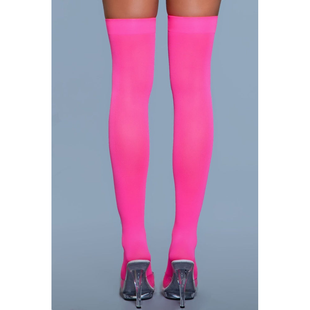 Be Wicked Opaque Nylon Thigh Highs - Neon Pink - view 3