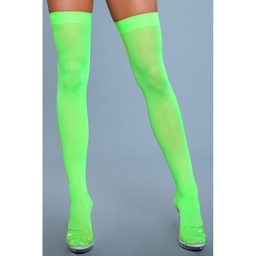 Be Wicked Opaque Nylon Thigh Highs - Neon Green - view 2