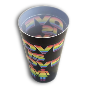 Tumbler with rainbow-colored text on a white background