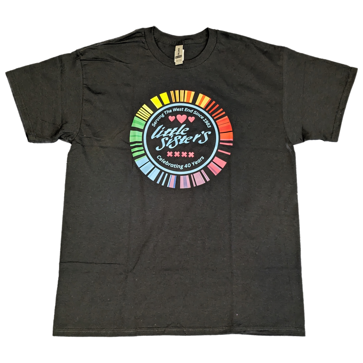 Black t-shirt with colorful 'Little Sisters' logo on a white background