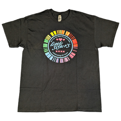 Black t-shirt with colorful 'Little Sisters' logo on a white background