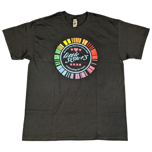 Black t-shirt with colorful 'Little Sisters' logo on a white background