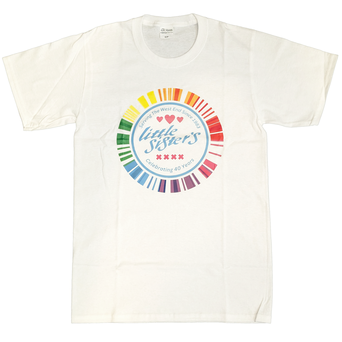 White t-shirt with colorful graphic and text on a white background