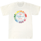 White t-shirt with colorful graphic and text on a white background
