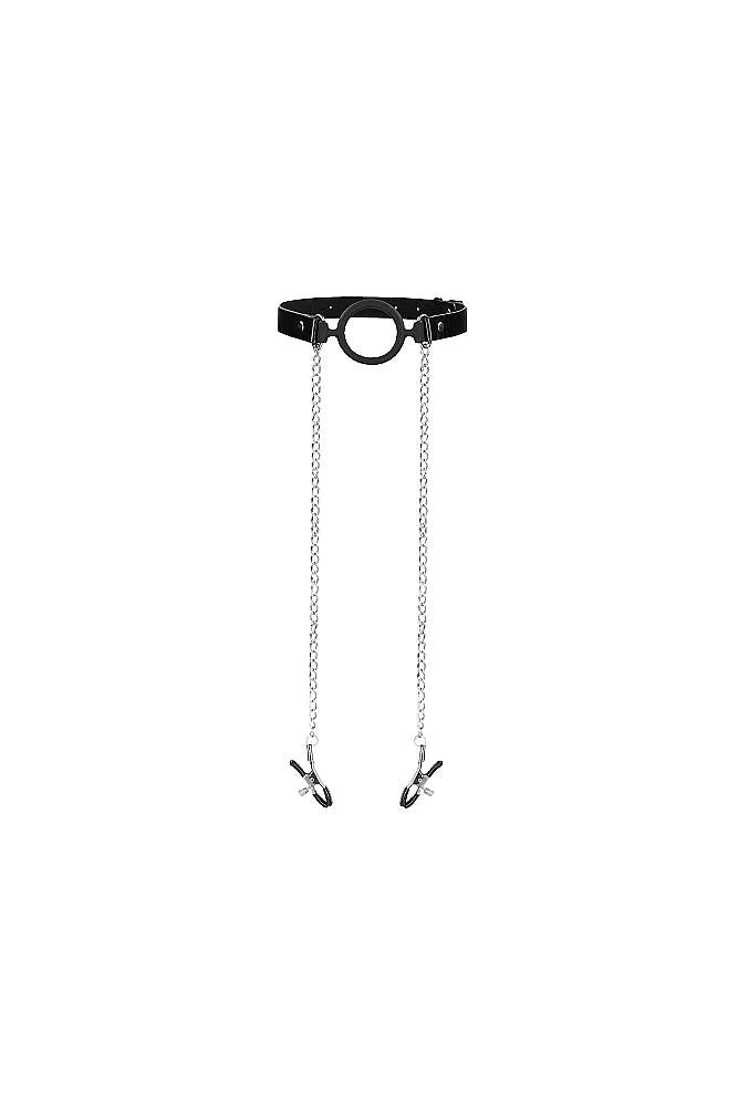 Ouch! "O-Ring" Gag w/ Nipple Clamps -Black