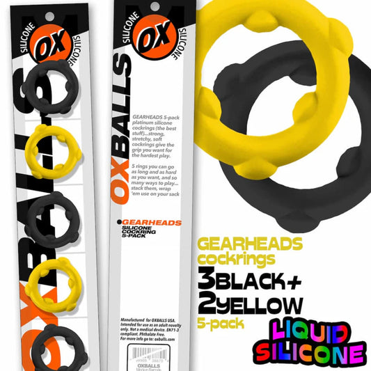 OXBALLS Gearheads Silicone Cockring 5-Pack -Yellow/Black