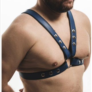 Man wearing a blue leather harness on a white background