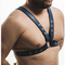 Man wearing a blue leather harness on a white background