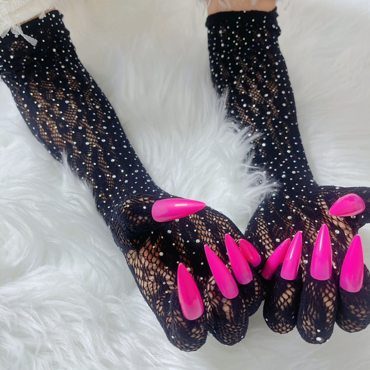 Black lace mesh gloves with pink nails