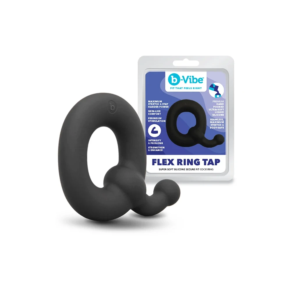b-Vibe Flex Ring Tap black silicone cock ring with pull tab