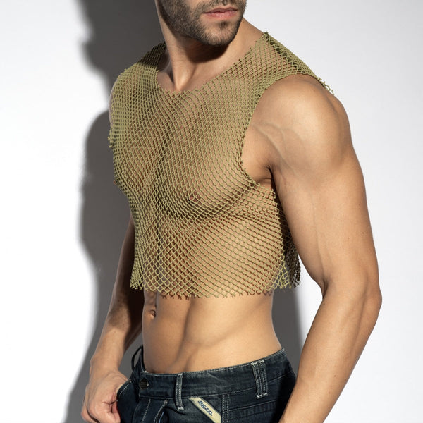 ES Collection Beachy Net Midriff Crop Top - Khaki
