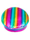 Top view of hat with rainbow striped design on a white background