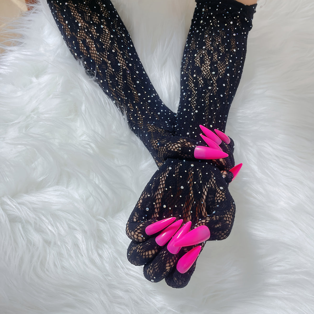 Black lace mesh gloves with pink nails - view 2