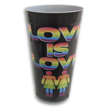 Tumbler with 'Love is Love' text and rainbow symbols on a black background