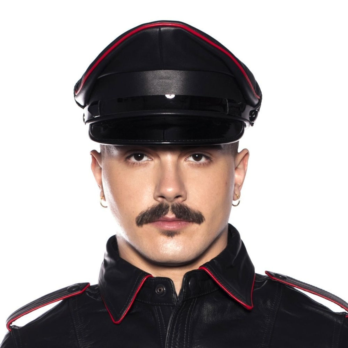 Prowler RED black leather Military Muir cap with bold red trim and adjustable inner peak