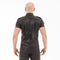 Person wearing a black leather outfit on a white background