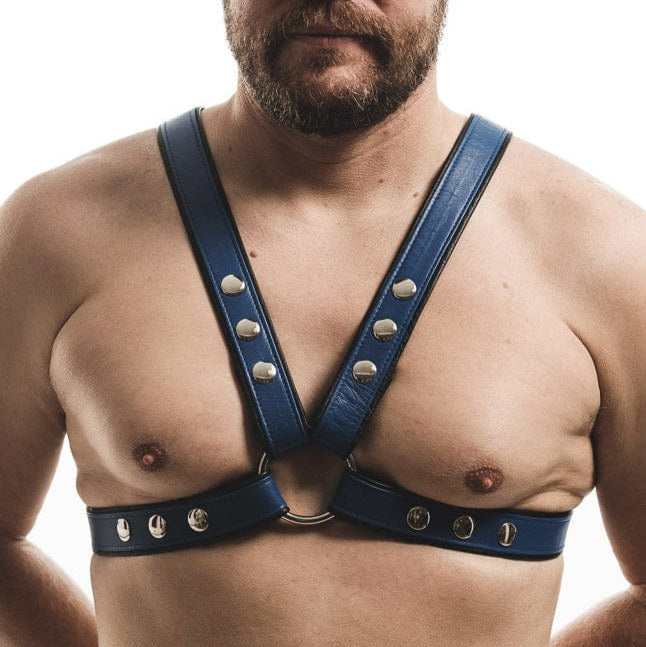 Man wearing a blue leather harness with studded details on a white background