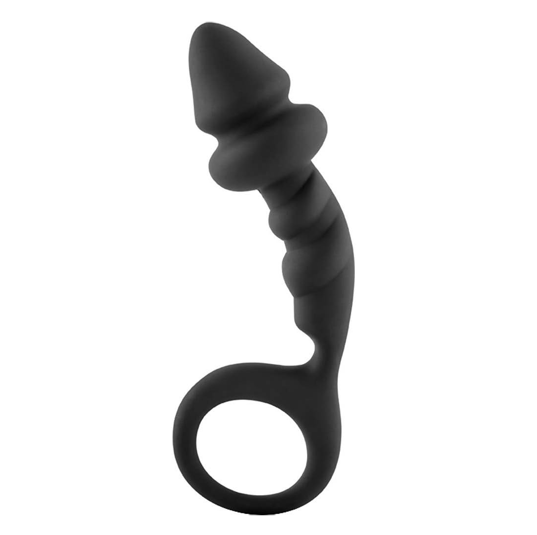 Black silicone butt plug with spiral design on a white background