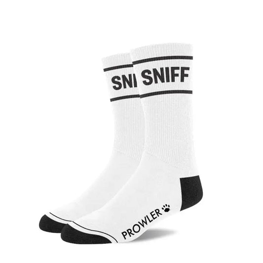 Prowler RED Sniff Socks - white crew socks with black SNIFF lettering