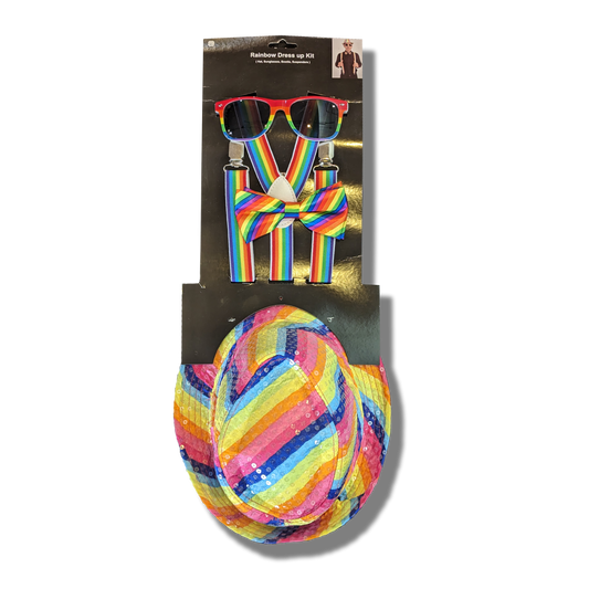 Packaged rainbow dress up set with suspenders, bow tie, and sunglasses on a white background.