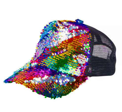 Rainbow Sequin Black Baseball Cap