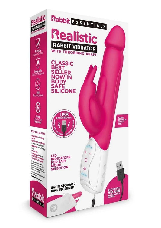 Rabbit Essentials Realistic Rabbit Vibrator w/ Throbbing Shaft - Pink