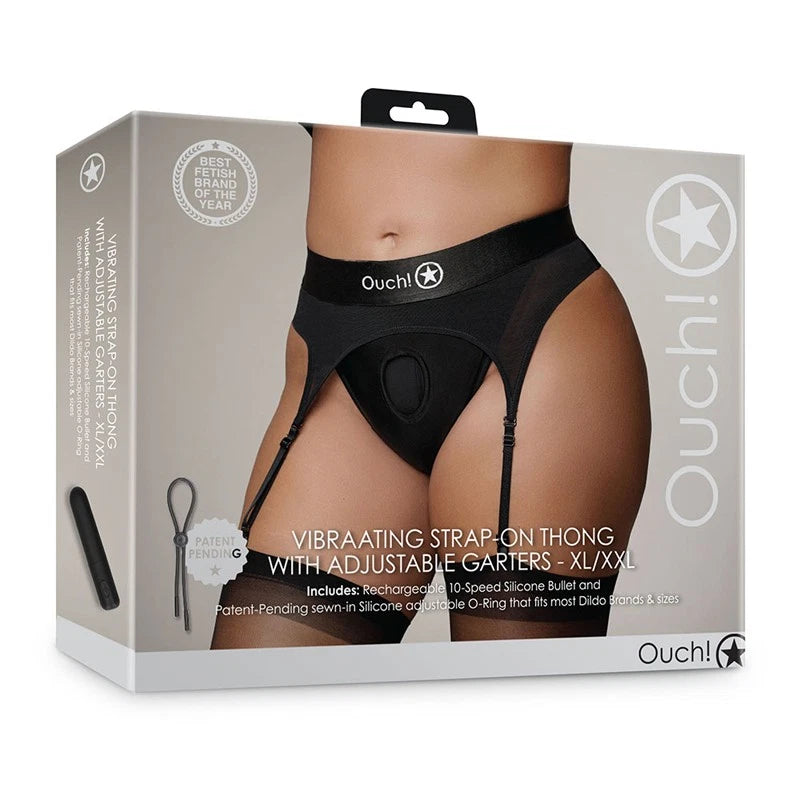 Ouch! Vibrating Strap-on Thong with Adjustable Garters- Black XL/2XL