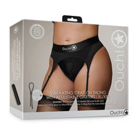 Ouch! Vibrating Strap-on Thong with Adjustable Garters- Black XL/2XL