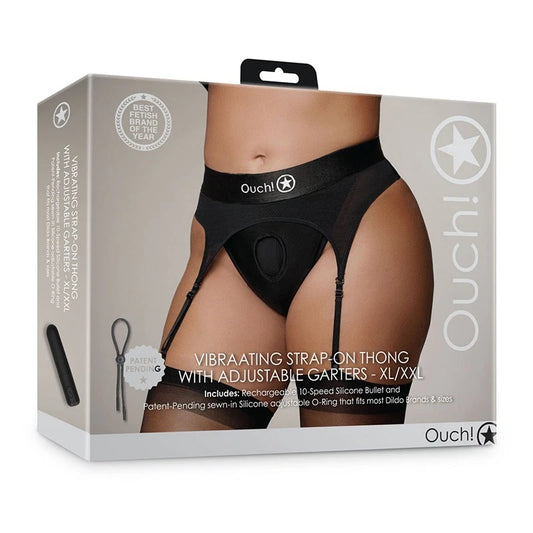 Ouch! Vibrating Strap-on Thong with Adjustable Garters- Black XL/2XL