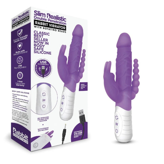 Rabbit Essentials Rechargeable Double Penetration Rabbit Vibrator w/ Rotating Beads - Purple