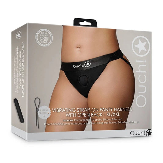 Ouch! Vibrating Strap-on Panty Harness with Open Back -Black XL/2XL