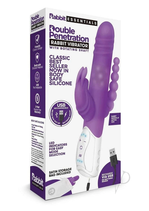 Rabbit Essentials Rechargeable Double Penetrating Vibrator w/ Rotating Shaft - Purple