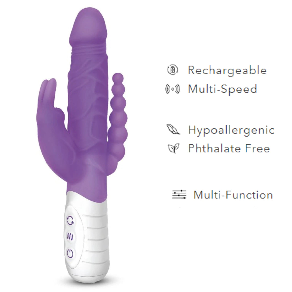 Rabbit Essentials Rechargeable Double Penetration Rabbit Vibrator w/ Rotating Beads - Purple