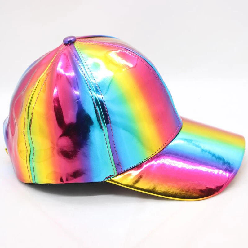 Holographic rainbow baseball cap on a white background